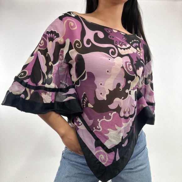 rare floral semi sheer 100% silk ruffle scarf top - Picture 2 of 3